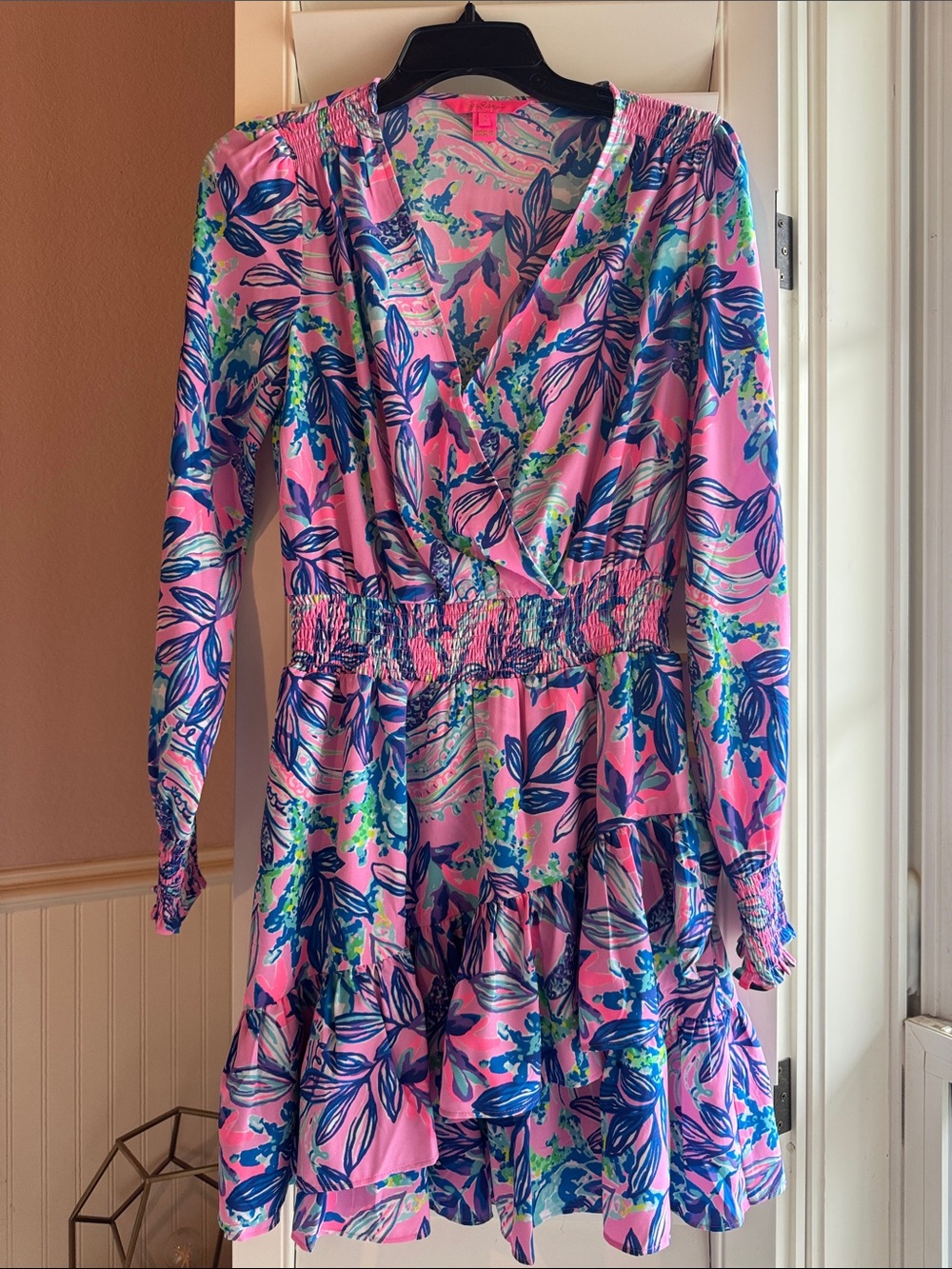 Lilly Pulitzer Pink Blue Floral Long-Sleeve Tiered Dress
